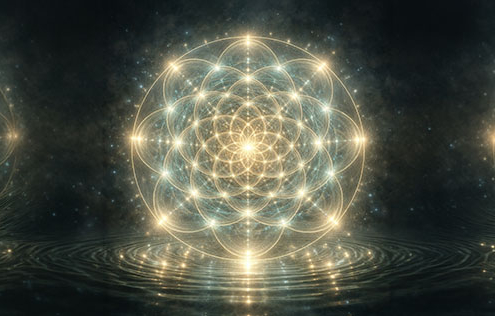 Cymatic mandala formed by sound waves in water, showing harmonic frequency patterns and resonance geometry